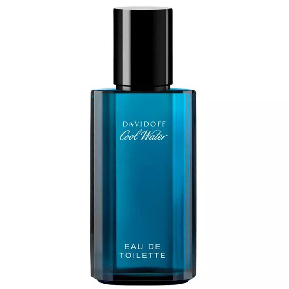 Davidoff Cool Water Eau de Toilette Flakon. Blaues Glas, schwarzer Deckel. Weißer Schriftzug und Produktinformationen.