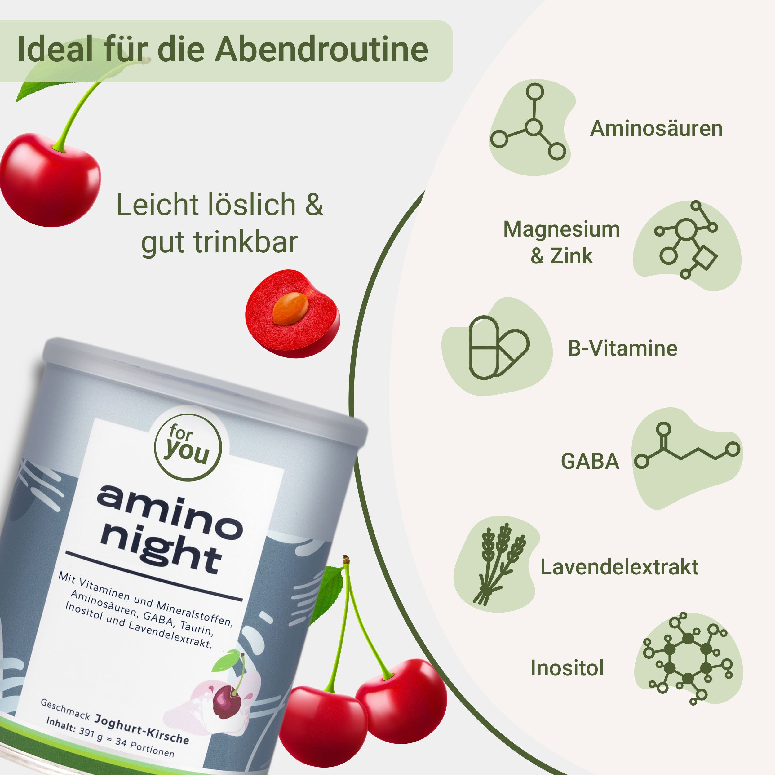 Produktverpackung mit Kirschen. Text: Aminosäuren, Magnesium, Zink, B-Vitamine, GABA, Lavendelextrakt, Inositol. Ideal für die Abendroutine.