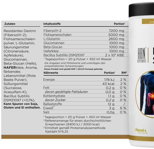 Teilansicht der Dose. Aufschrift: HBN Supplements, Bacillus Subtilis Biotic Gut Care Drink. Nährwerttabelle mit Inhaltsstoffen und Portionen.