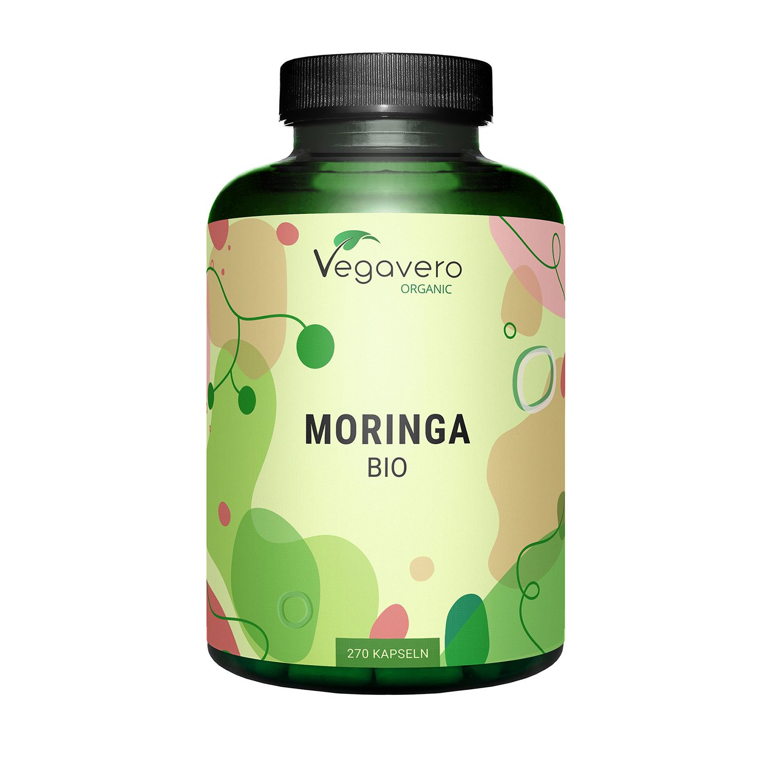 Grüne Flasche mit schwarzem Deckel. Aufschrift: Moringa BIO. 270 Kapseln. Vegavaro Organic.