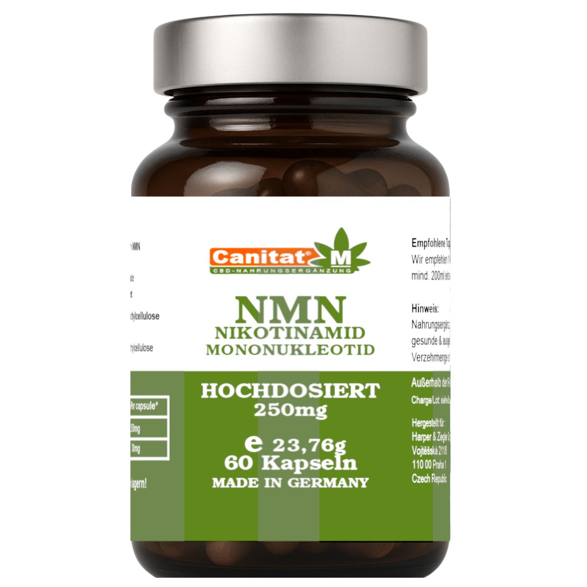 Braune Glasflasche mit grünem Etikett. Beschriftung: NMN, 60 Kapseln, 250mg. Marke: Canitat M. Deckel silberfarben.