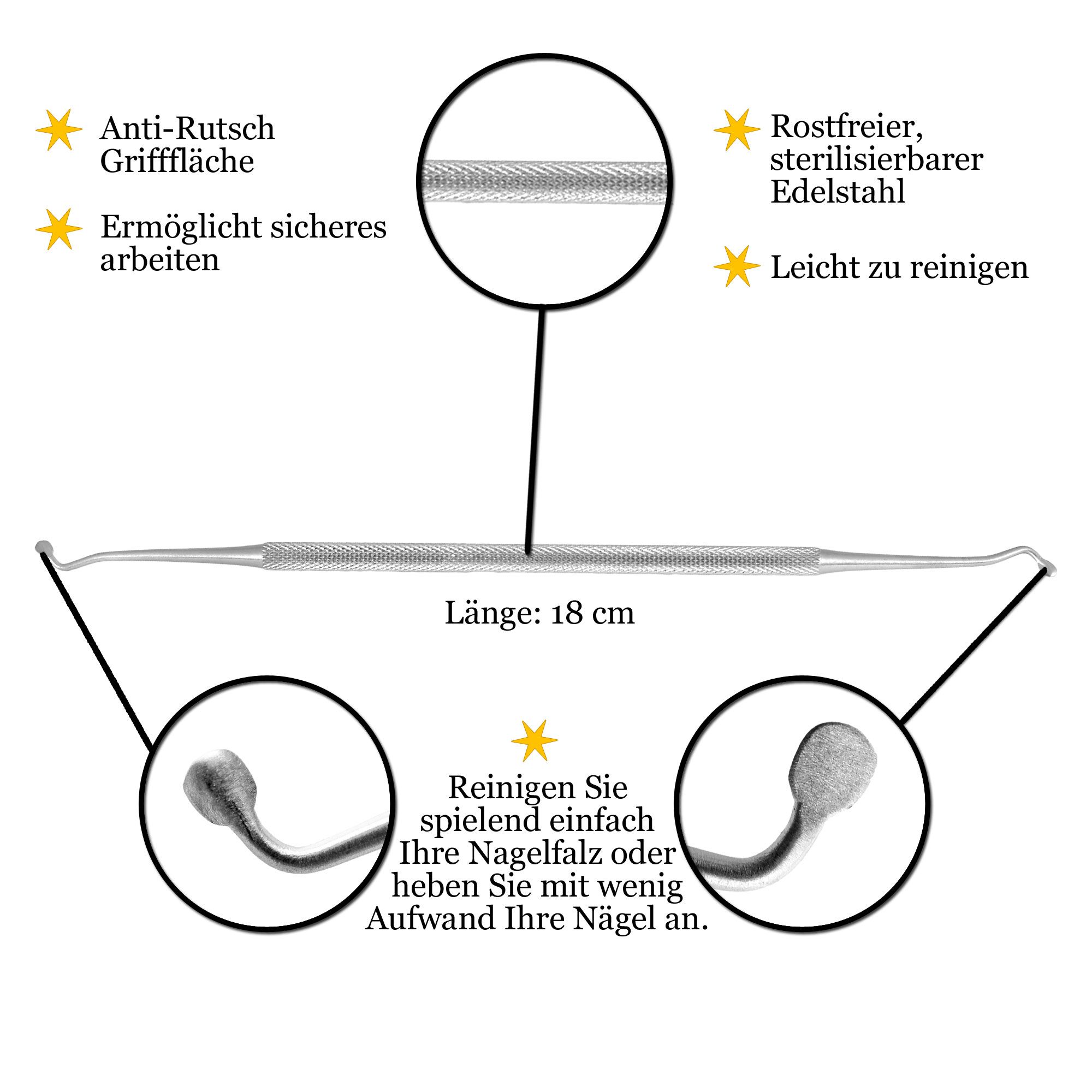 K-Pro Eckenheber, roestvrij staal. Lengte: 18 cm. Antislip handvat. Tekst: "Reinigen Sie spielend einfach Ihre Nagelfalz".