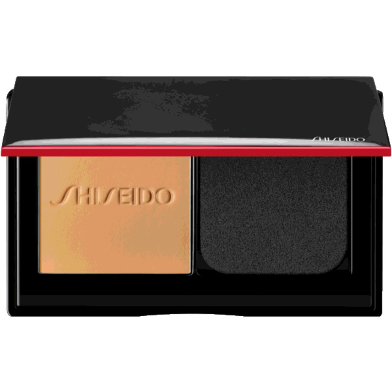 Kompaktpuder-Foundation mit Schwamm und Spiegel. Schwarzes Gehäuse mit rotem Akzent. SHISEIDO-Logo.