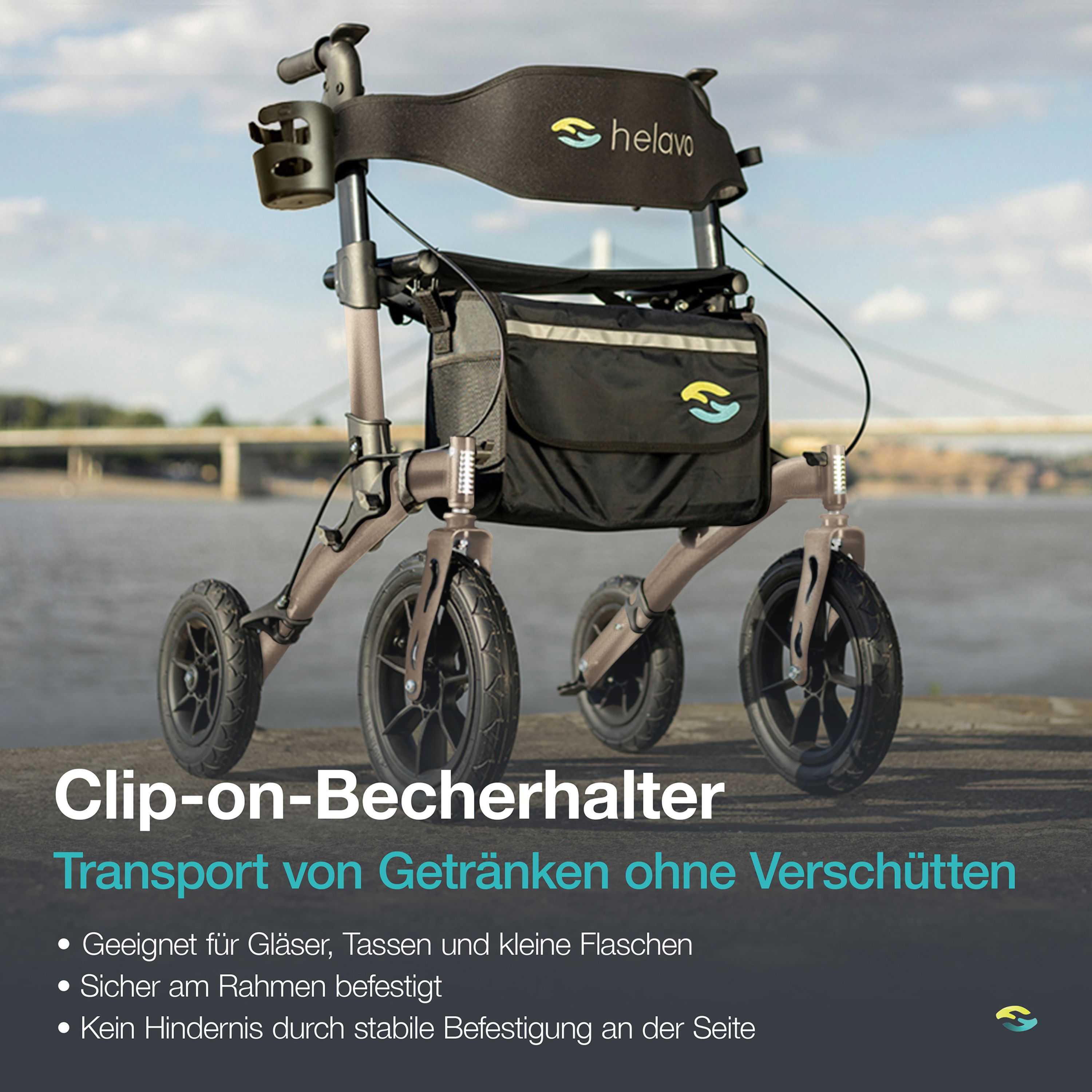 Helavo Outdoor Rollator mit Luftbereifung faltbar mit Sitz und Rueckenlehne