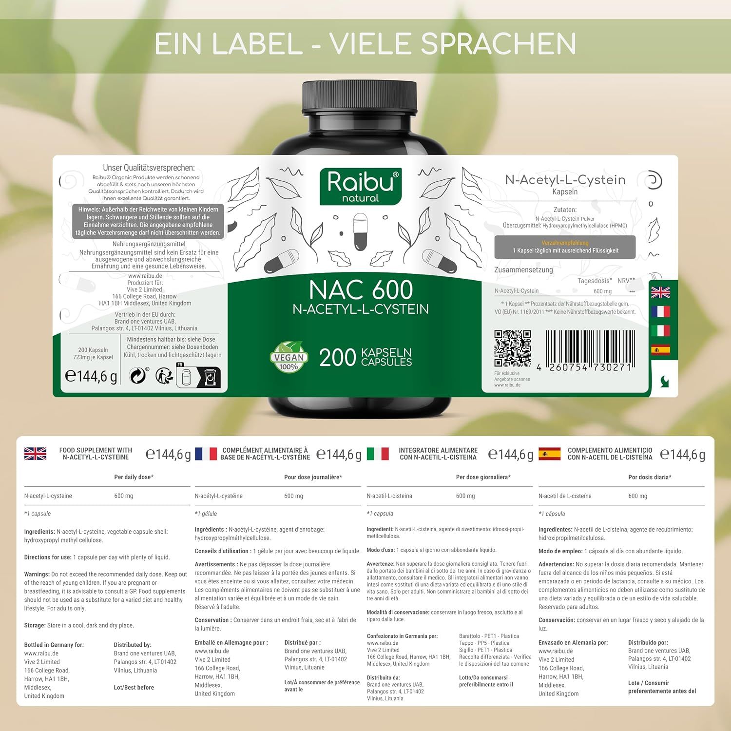 Produktetikett mit Informationen in verschiedenen Sprachen. "Raibu natural" und "NAC 600" Schriftzug. 200 Kapseln.