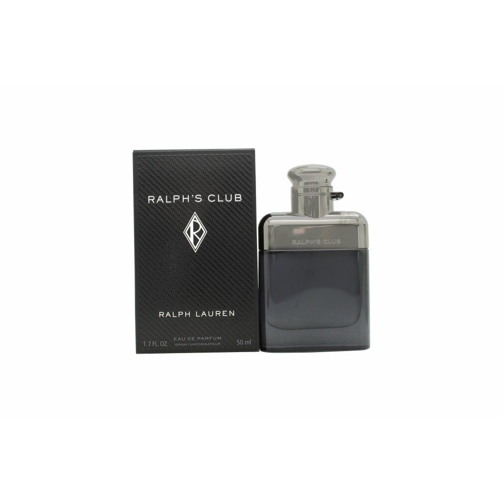 Schwarzer Flakon und Verpackung. Aufschrift: RALPH'S CLUB, RALPH LAUREN. 50 ml.