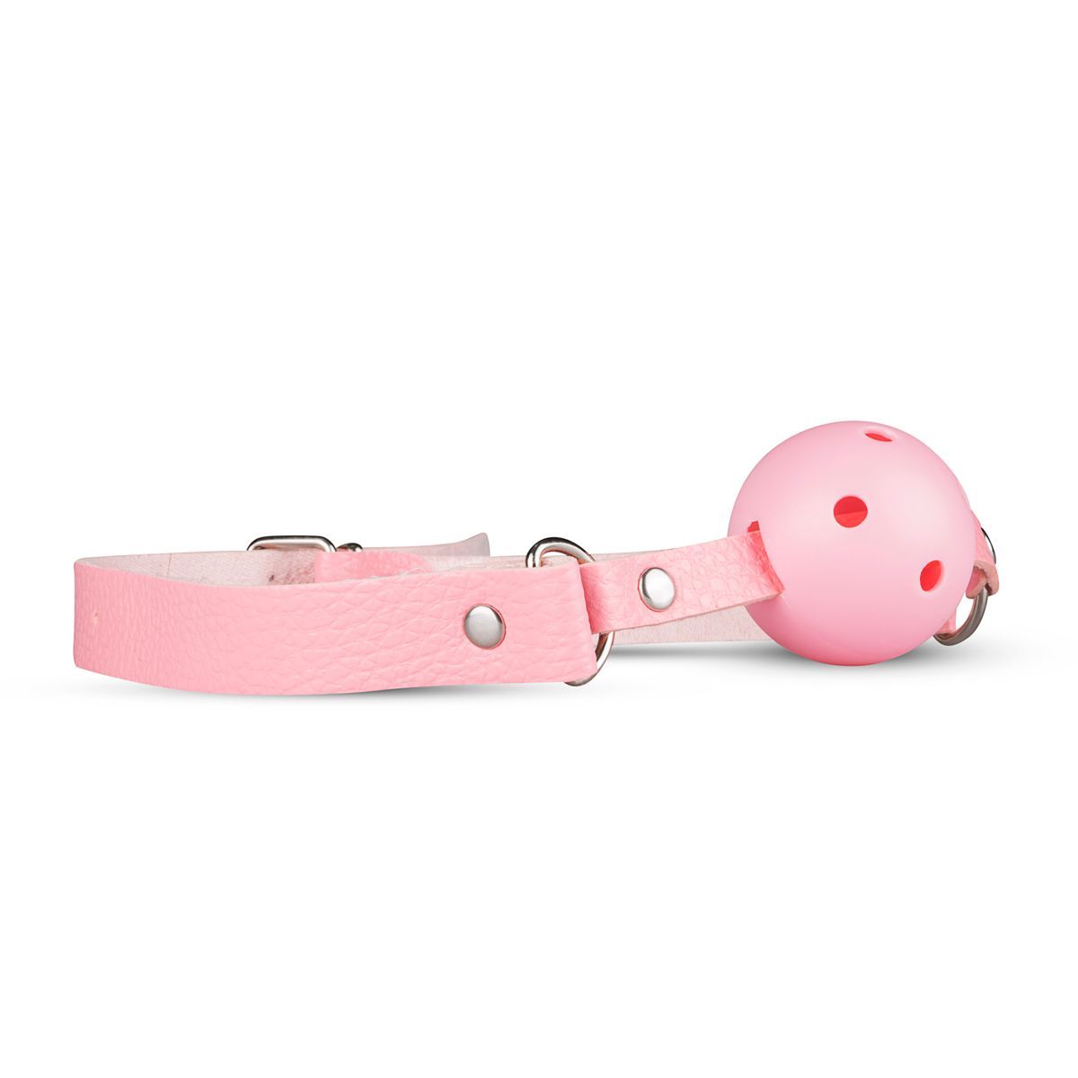 Gag rosa con palla. Palla forata, collegata a un collare. Anelli e fibbie metalliche.