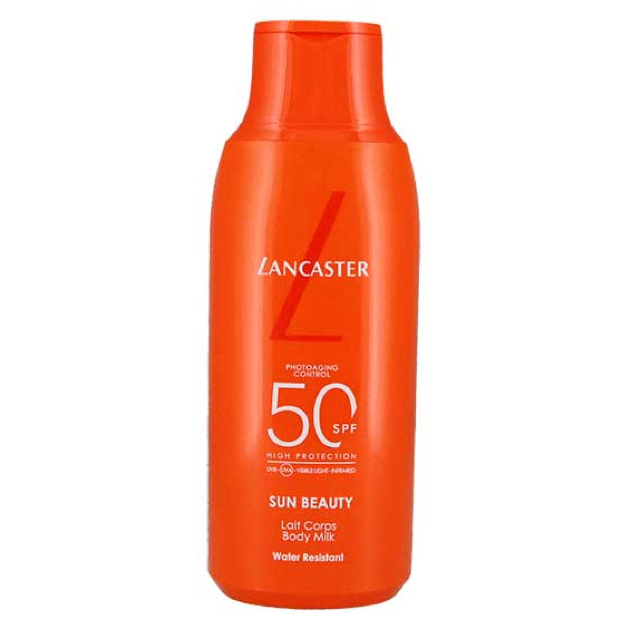 Lancaster Sun Beauty Körpermilch SPF50 Flasche. Orange Flasche mit blauem Akzent am Hals.