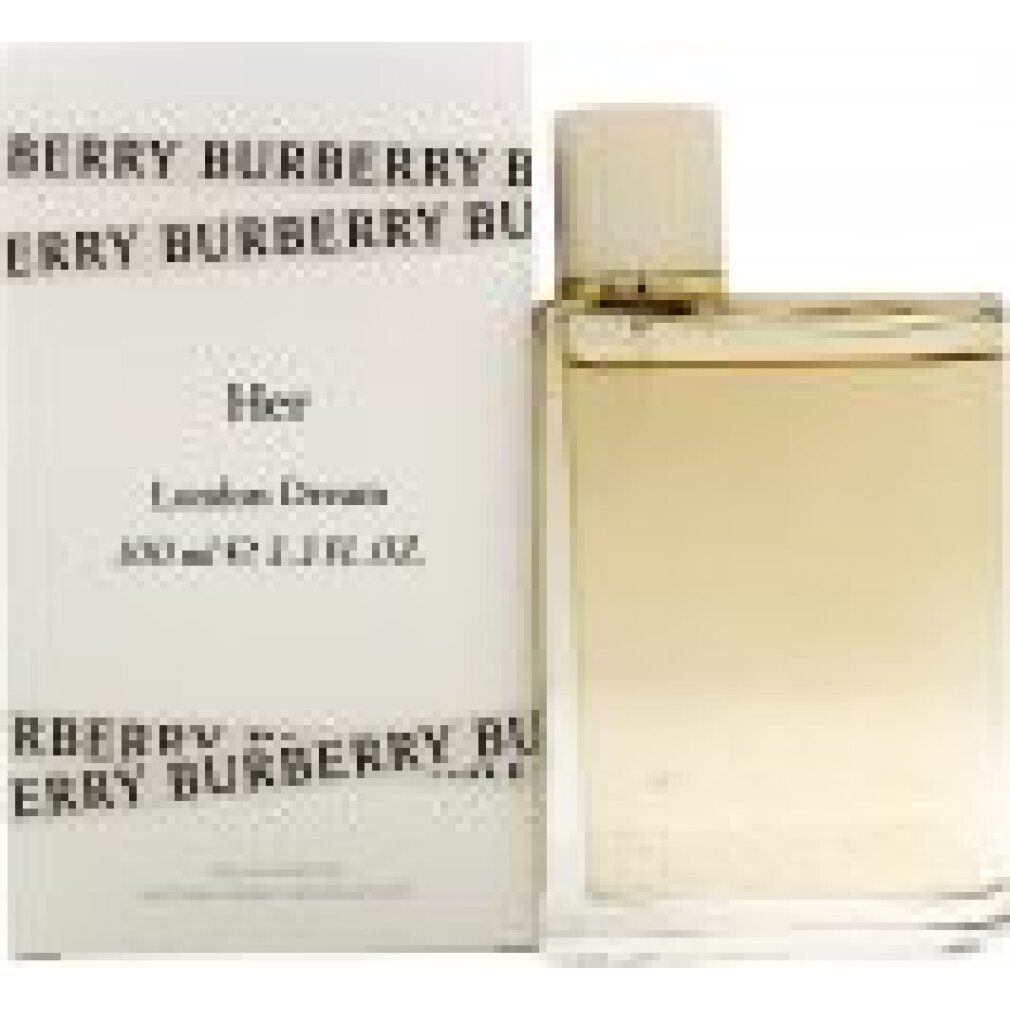 Parfümflakon und Verpackung. Flakon quadratisch, transparent, goldfarben. Verpackung weiß, Burberry-Logo.