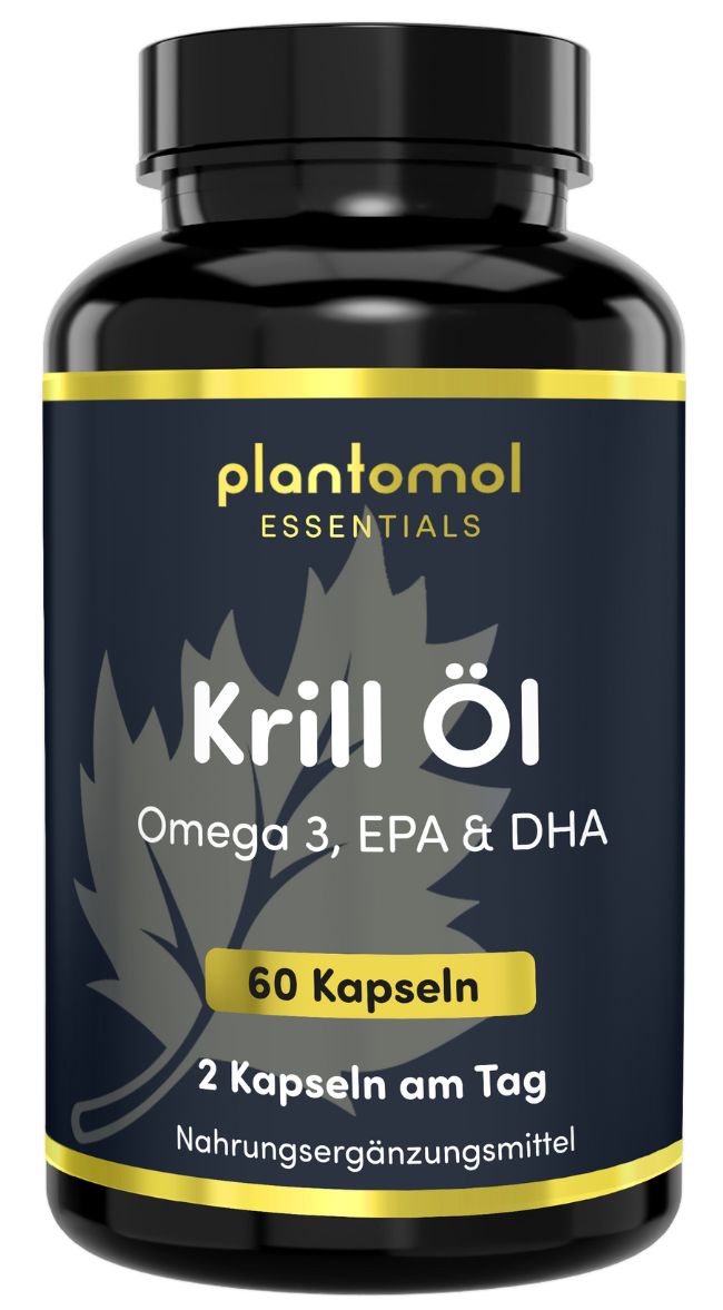 Dunkle Flasche mit schwarzem Etikett. Aufschrift: plantomol essentials, Krill Öl, Omega 3, EPA & DHA. 60 Kapseln.