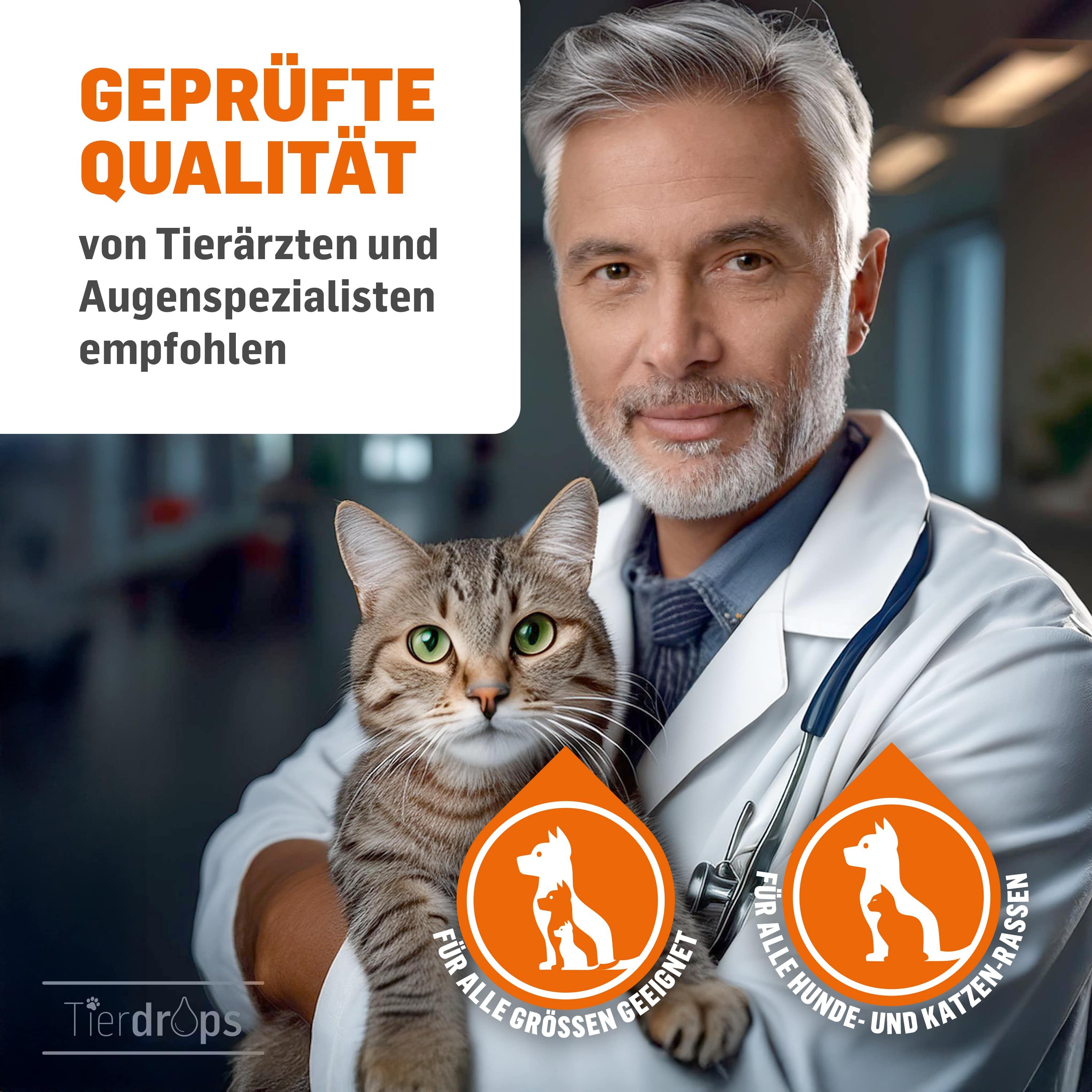 Tierarzt mit Katze. Logos für Hunde und Katzen. Text: Geprüfte Qualität.