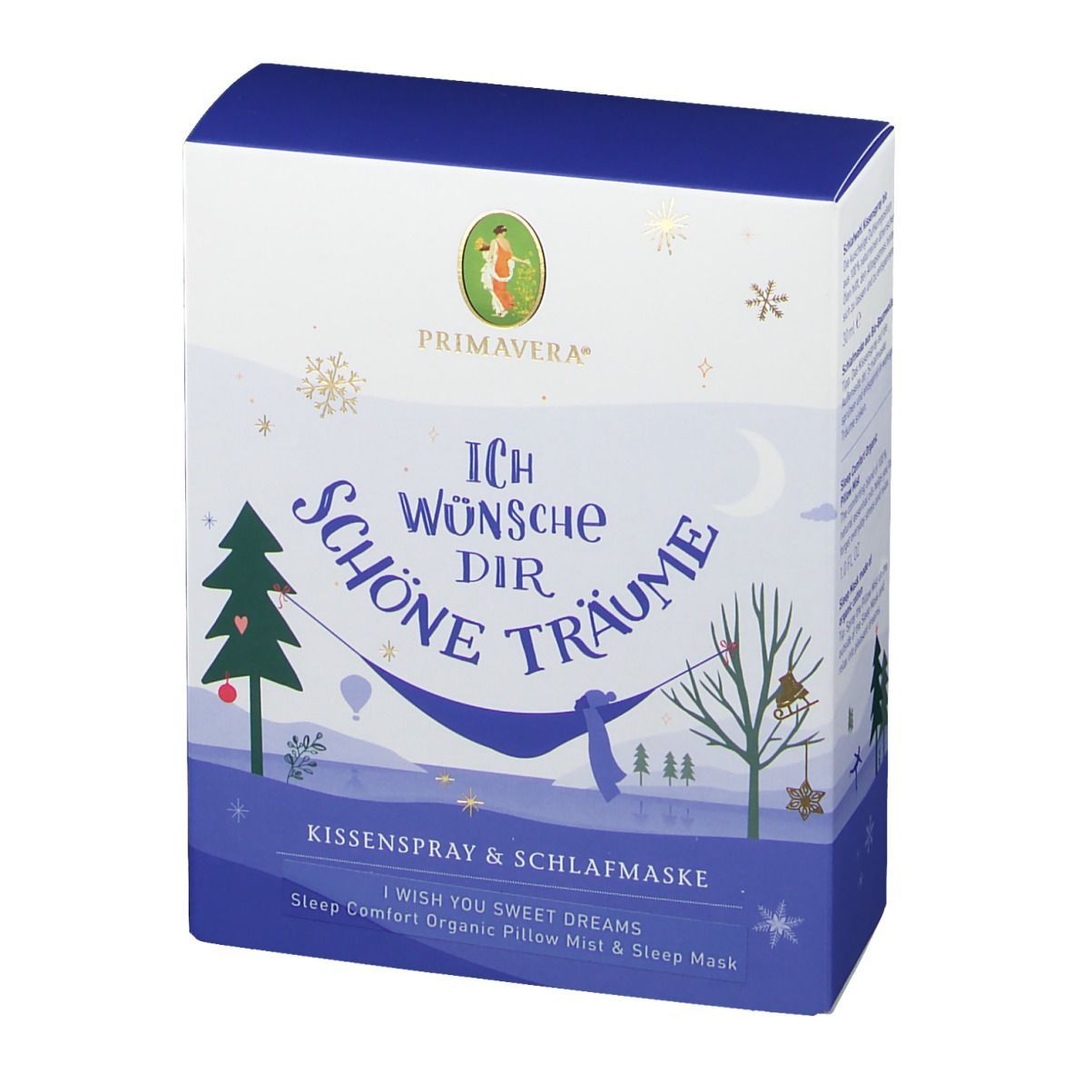 Verpackung mit Text: 'Ich wünsche Dir schöne Träume'. Logo Primavera. Kissen- und Schlafmaske. Blau-weißes Design.