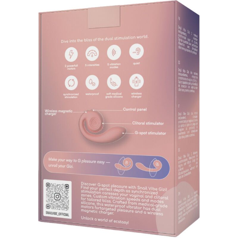 Rückseite der Snail Vibe Gizi Verpackung. Diagramme und Text. Enthält Informationen zu Funktionen und Zubehör.