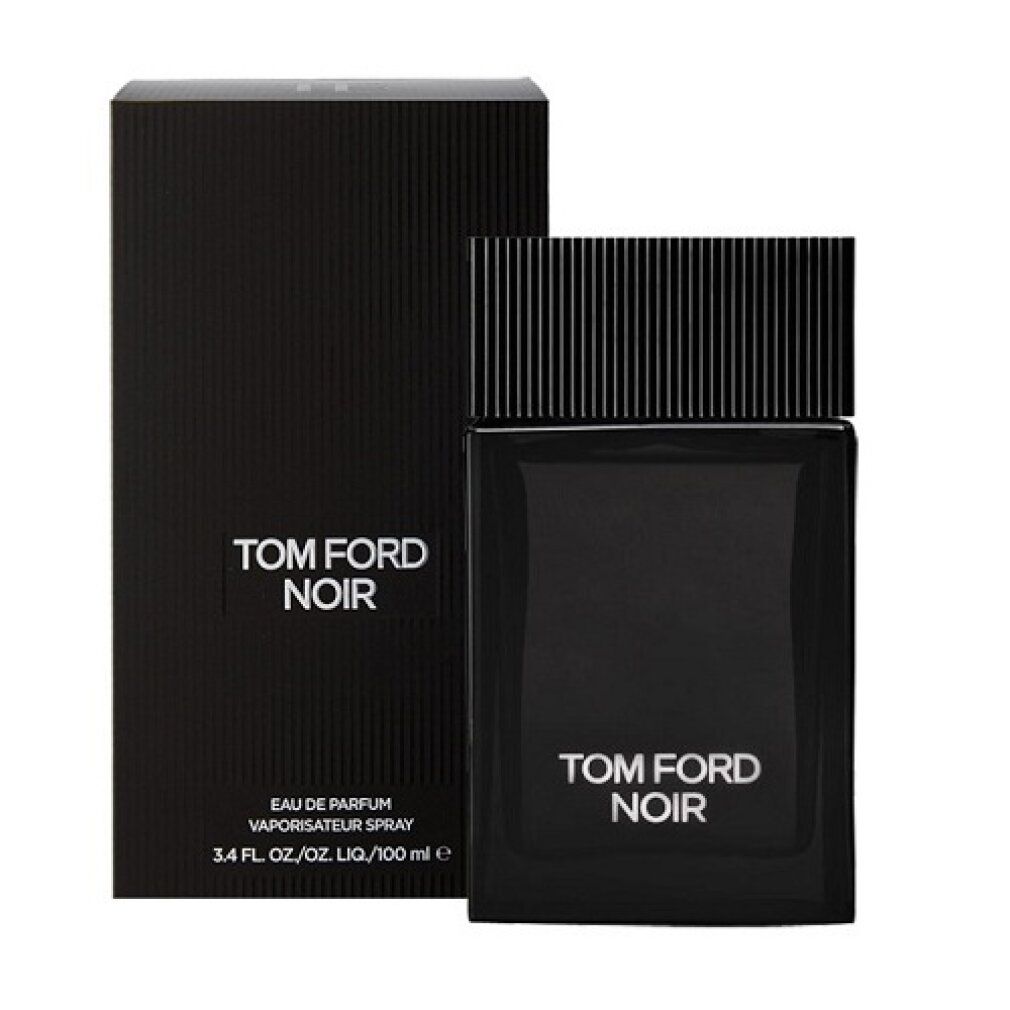 Schwarzer Flakon und Verpackung. Aufschrift TOM FORD NOIR. Flakon mit schwarzem Deckel.