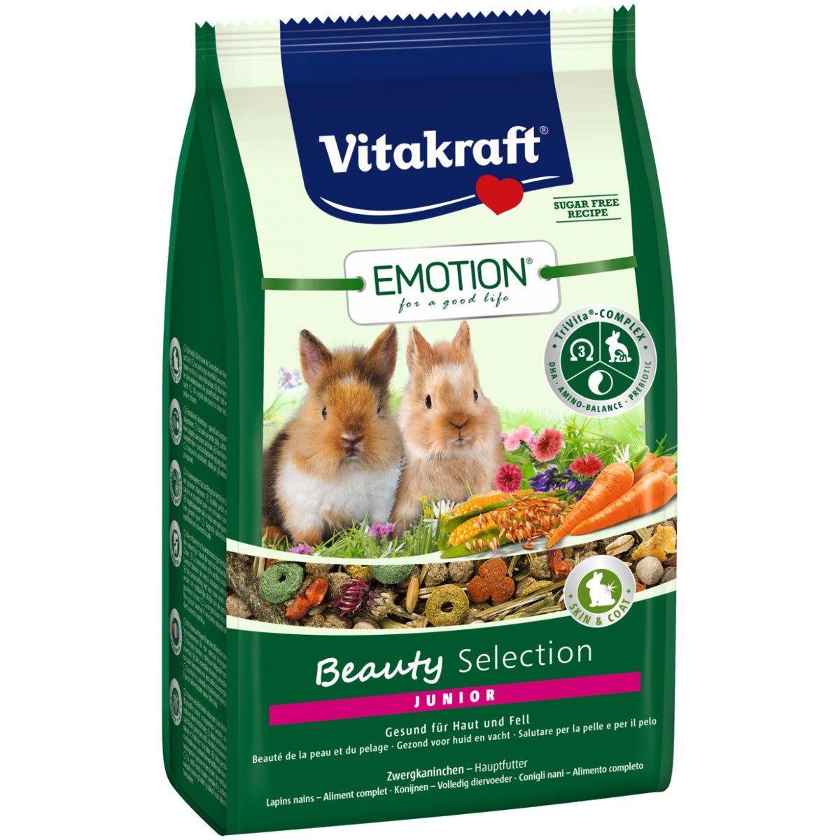 Grüne Tüte mit Vitakraft Emotion Beauty Junior. Zwei Kaninchen, Karotten und Futter sind abgebildet. Text: Beauty Selection Junior.
