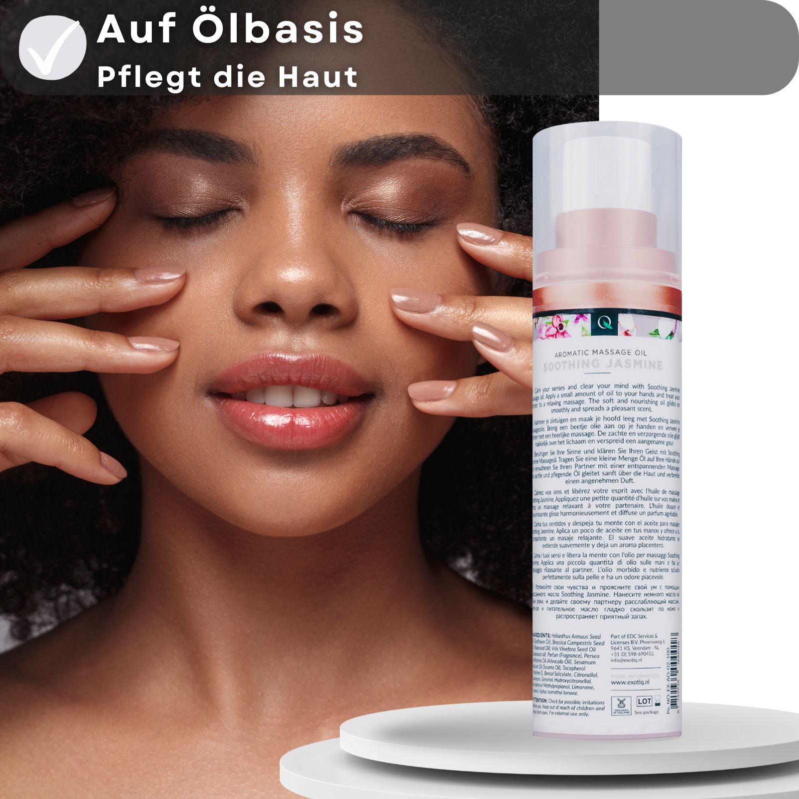 Frau mit geschlossenen Augen. Flasche mit floralem Design. Text: Auf Ölbasis, pflegt die Haut. Hintergrund: Produktinformationen.