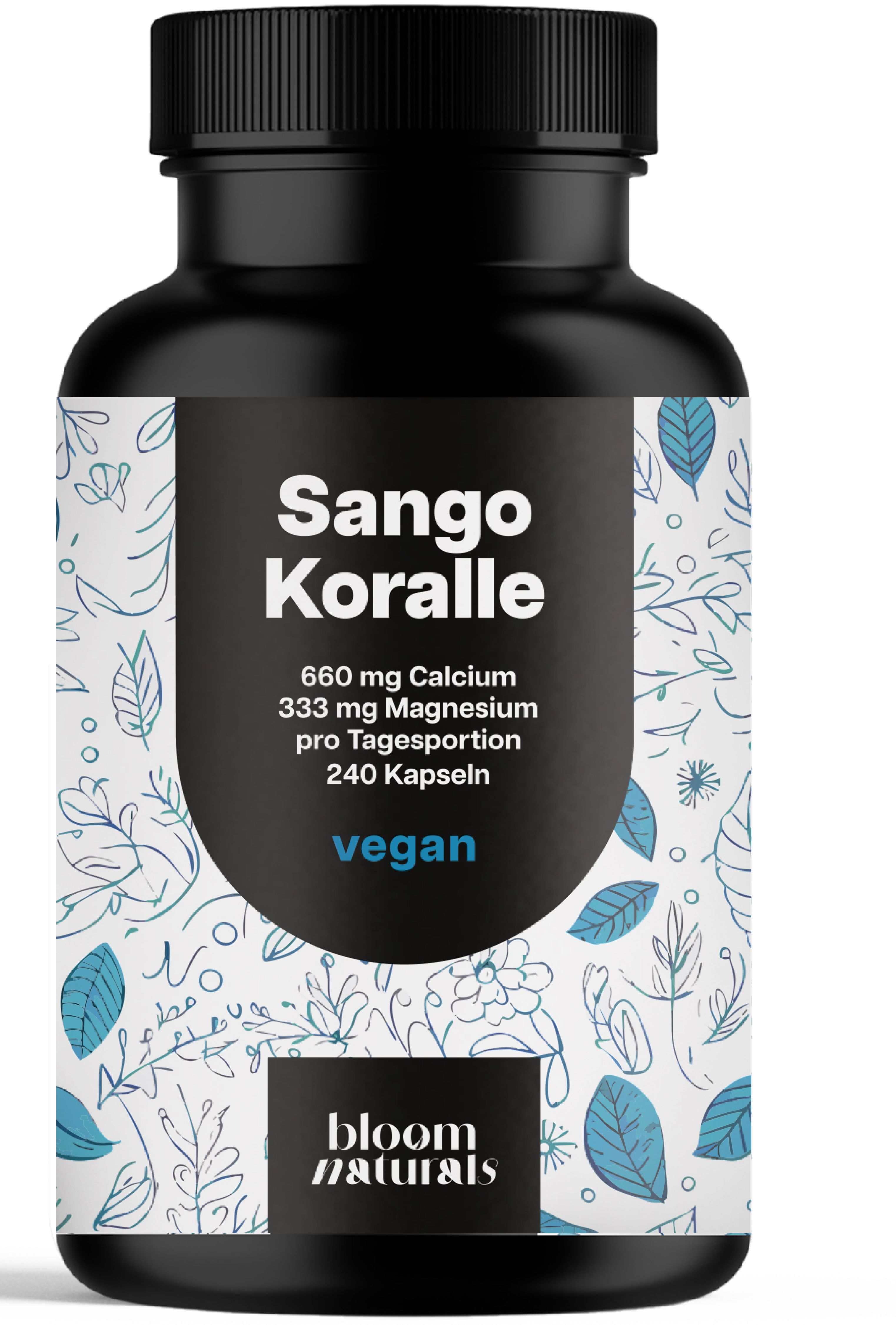 Schwarze Flasche mit weißem Etikett. Aufschrift: Sango Koralle, 660mg Calcium, 333mg Magnesium, 240 Kapseln, vegan. Marke: Bloom Naturals.