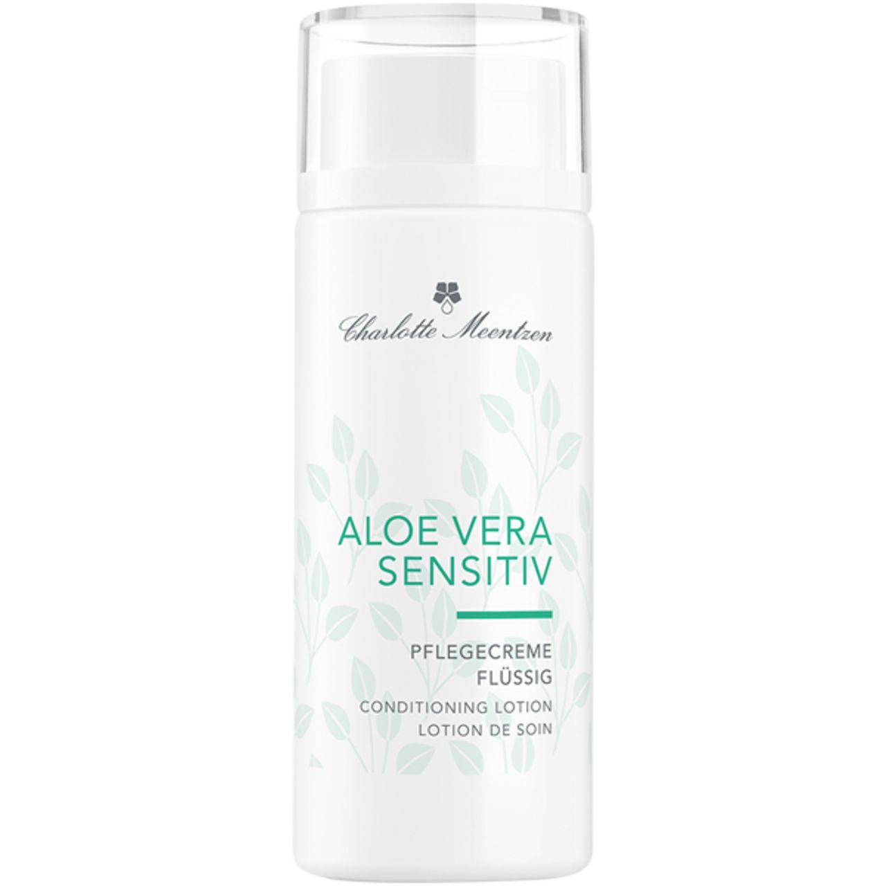 Weiße Flasche mit Sprühkopf. Aufschrift: Charlotte Meentzen, Aloe Vera Sensitiv, Pflegecreme flüssig, Conditioning Lotion, Lotion de soin.