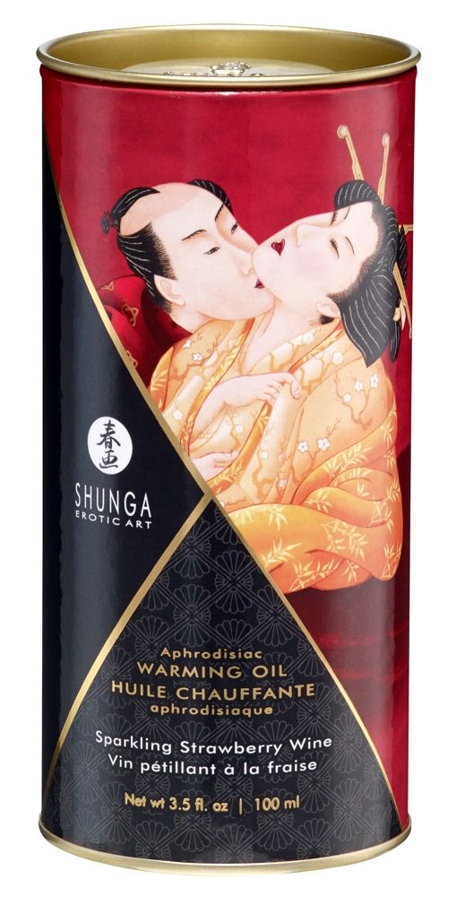 Zylindrische Dose mit Etikett. Aufdruck: Shunga, Warming Oil, Erdbeer-Aroma. Abbildung: küssendes Paar.