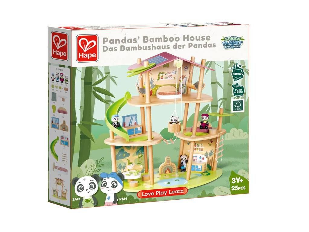 Verpackung des Bambushauses. Mehrstöckiges Spielhaus mit Pandas. Hape-Logo und Produktname. 3Y+ und 25pcs.