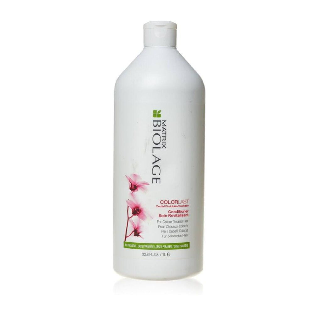 Weiße Flasche mit grünem und rosa Etikett. Aufschrift: Biolage, Colorlast, Conditioner. Enthält eine Abbildung einer Blume.