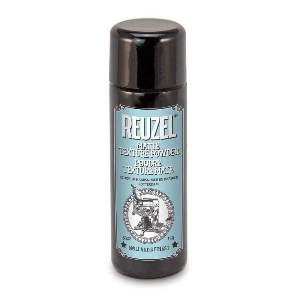 Reuzel Matte Texture Powder Flasche mit schwarzem Deckel und Etikett, das einen Friseurstuhl zeigt.