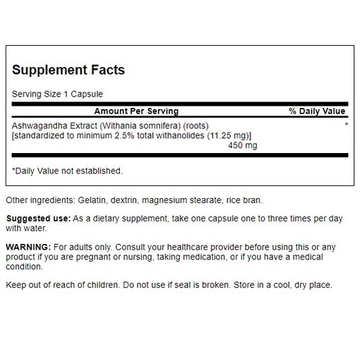 Nährwertangaben zu Swanson Ashwagandha Extrakt. 450 mg pro Kapsel. Inhaltsstoffe: Gelatine, Dextrin, Magnesiumstearat, Reiskleie.