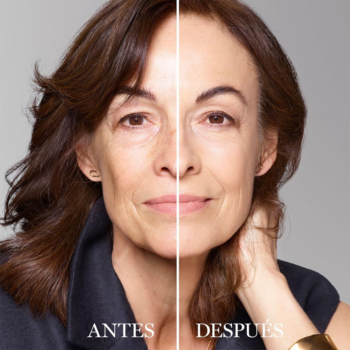 Gesicht einer Frau, geteilt in Vorher-Nachher-Effekt. Links: Vorher. Rechts: Nachher.