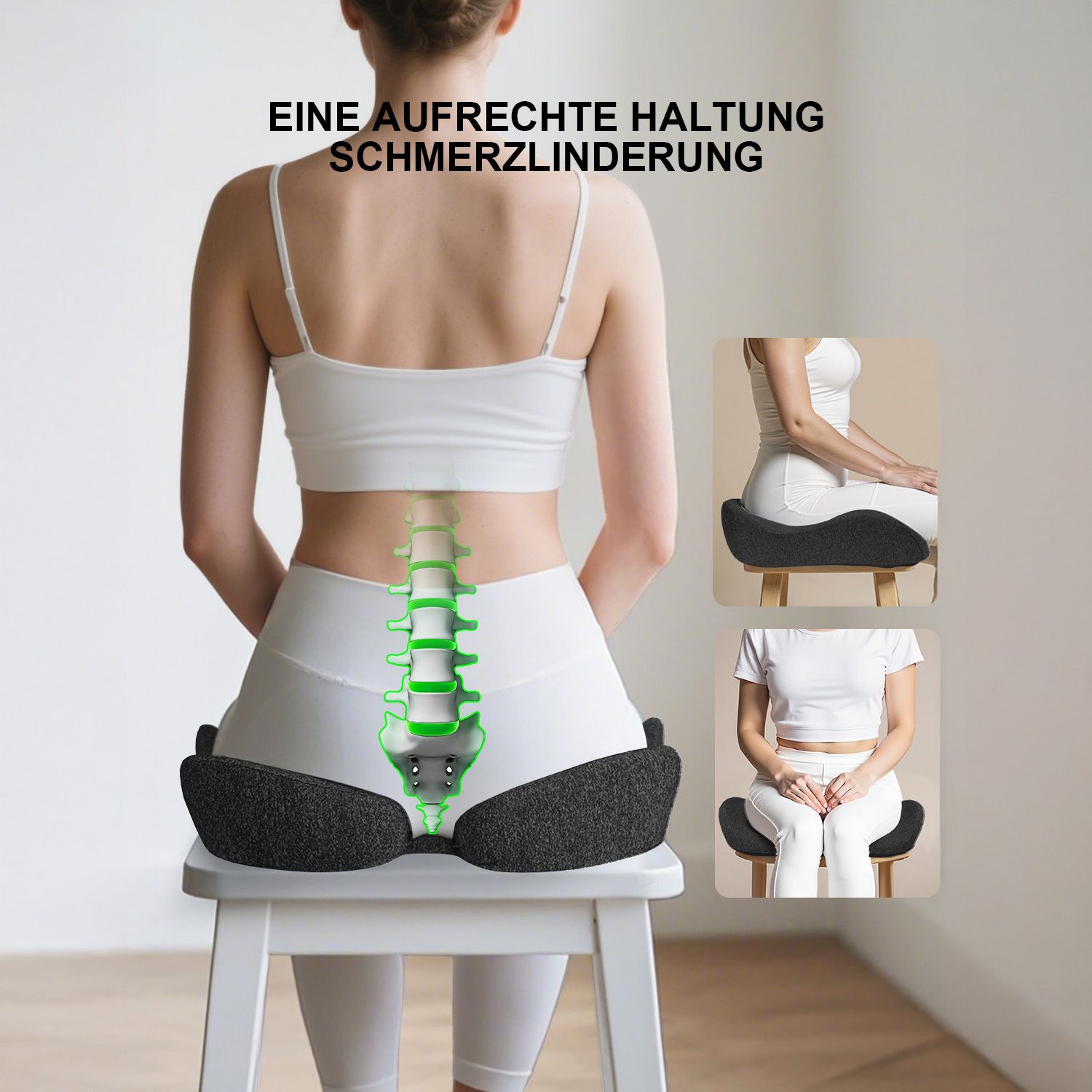 Frau sitzt auf ergonomischem Sitzkissen zur Förderung einer aufrechten Haltung.