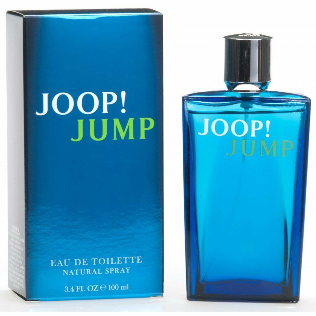 Blaues Parfümflakon und Schachtel. Aufschrift JOOP! JUMP. Eau de Toilette Vaporisateur.