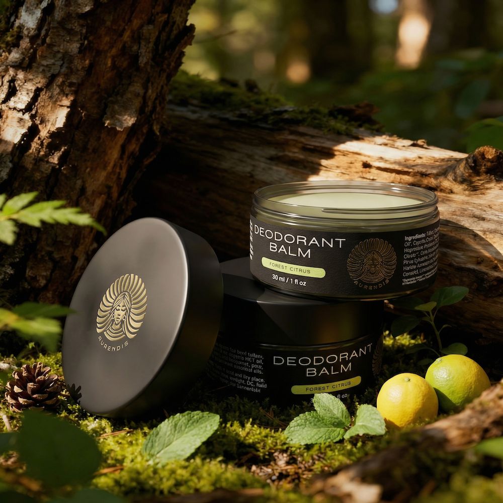 Drei Deodorant-Balm-Tiegel, einer geöffnet, auf Moos und Baumstämmen. Zitronen und Minze liegen daneben. Schwarze Deckel mit Logo.