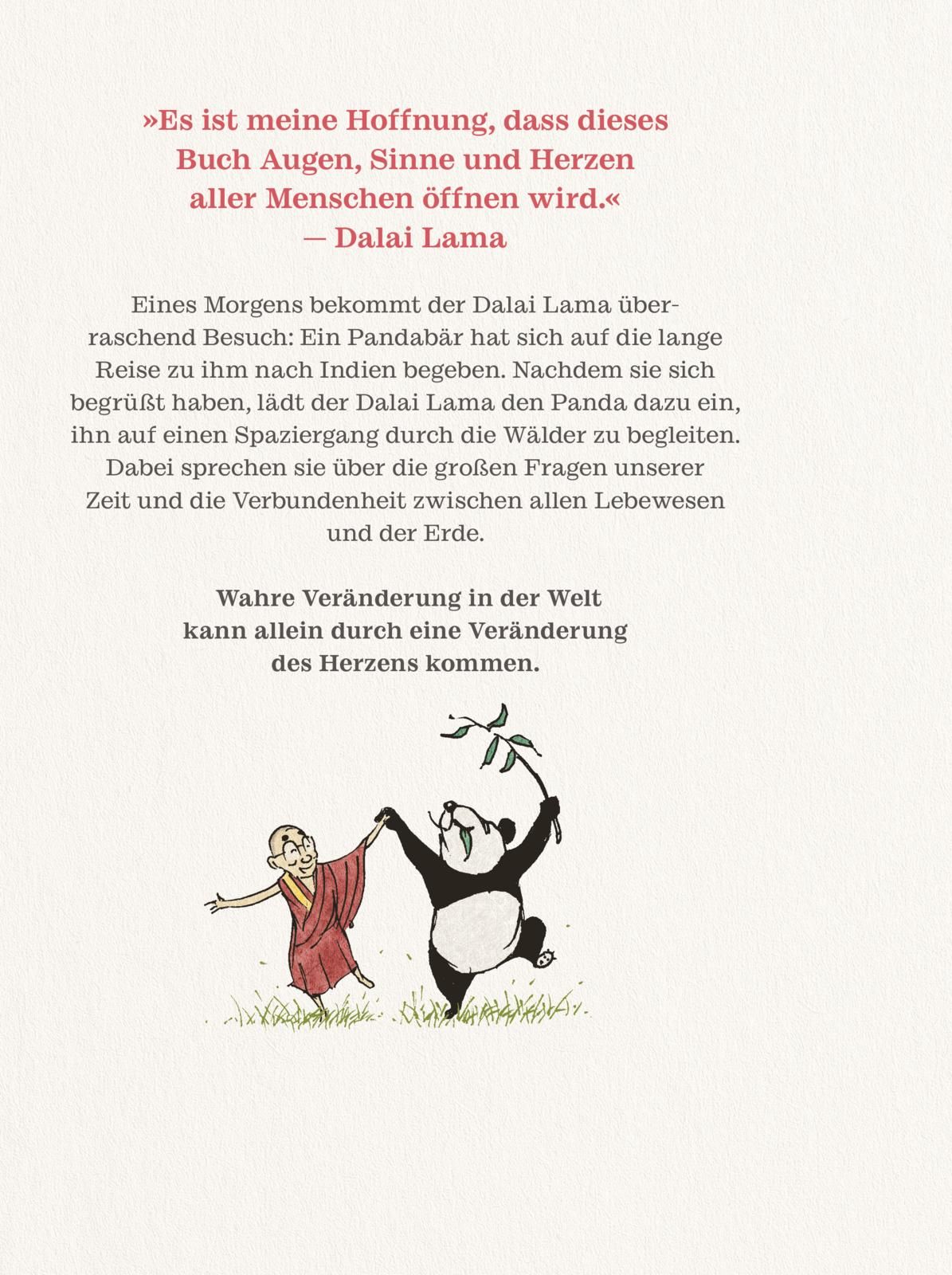Rückseite des Buches "Von Herz zu Herz". Text und Illustration: Mönch und Panda tanzen.