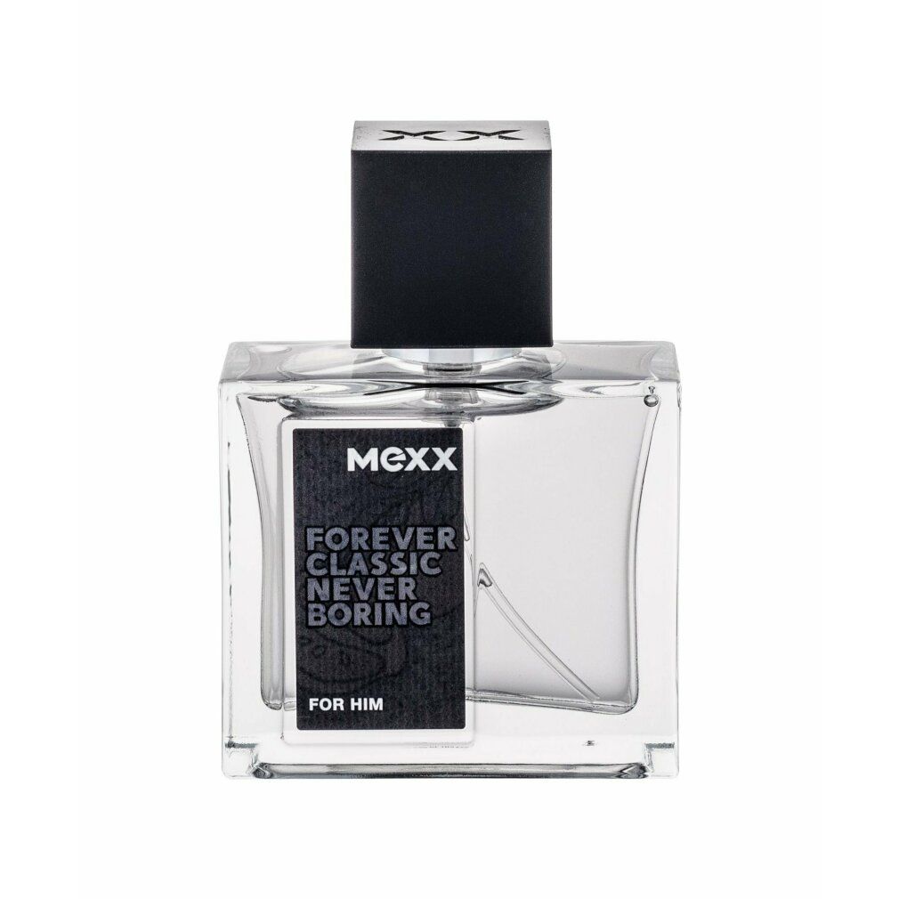 Rechteckiger Flakon von Mexx Forever Classic Never Boring. Schwarzer Deckel, Etikett mit Logo und Produktnamen. Für Herren.