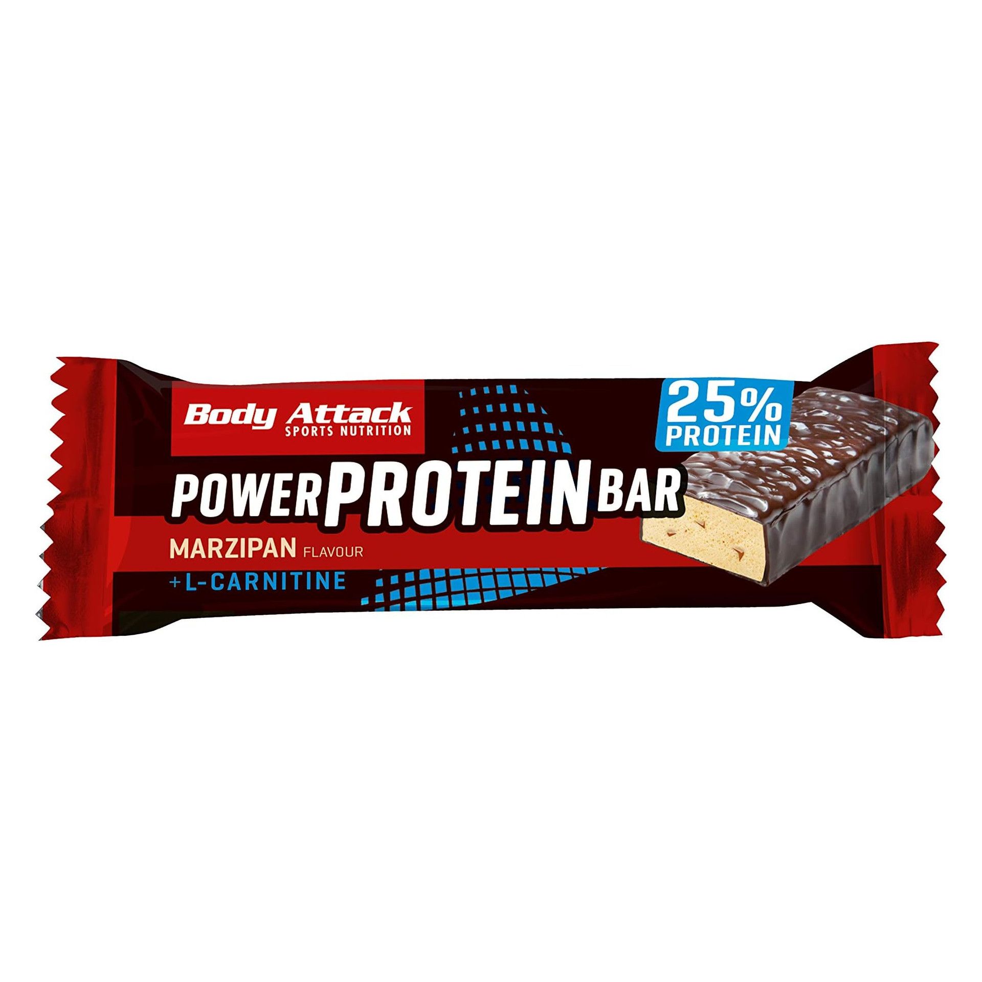 Body Attack Power Protein Bar, Marzipan flavour. The bar is in a red and black wrapper with the brand name and product information.