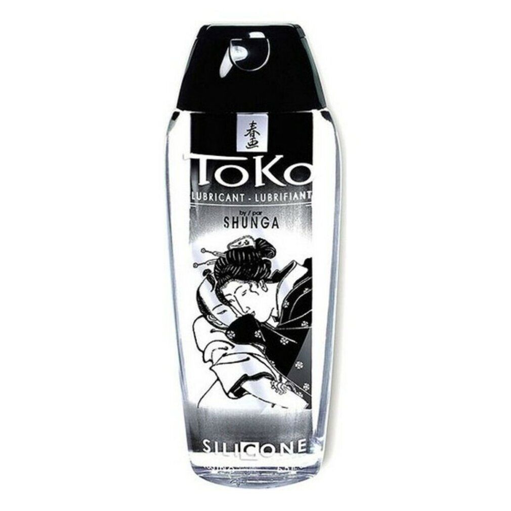 Transparente Flasche mit schwarzem Deckel. Aufdruck: Toko Lubricant, Shunga, Abbildung einer Frau. Aufschrift: Silicone.