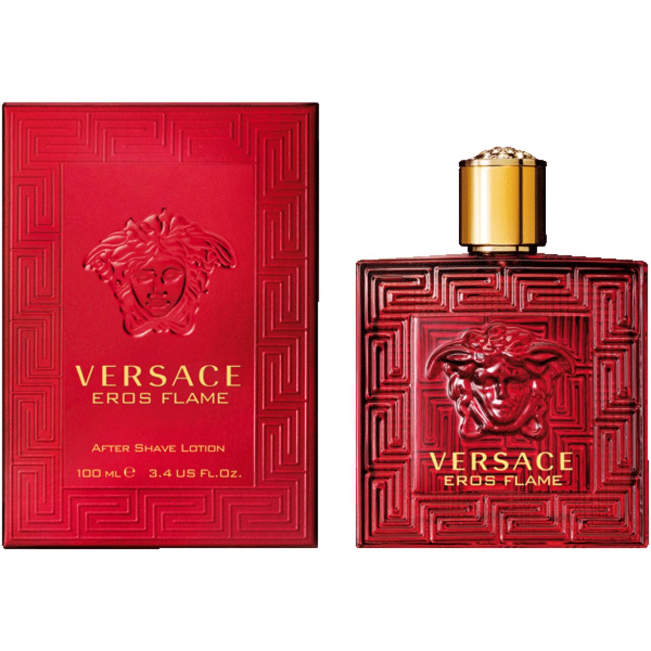 Rote Schachtel und Flasche. Aufschrift: VERSACE EROS FLAME After Shave Lotion. Medusa-Logo.