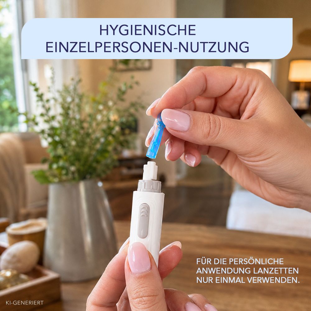Vorbereitung der Stechhilfe mit einer Lanzette für Blutzuckermessung.