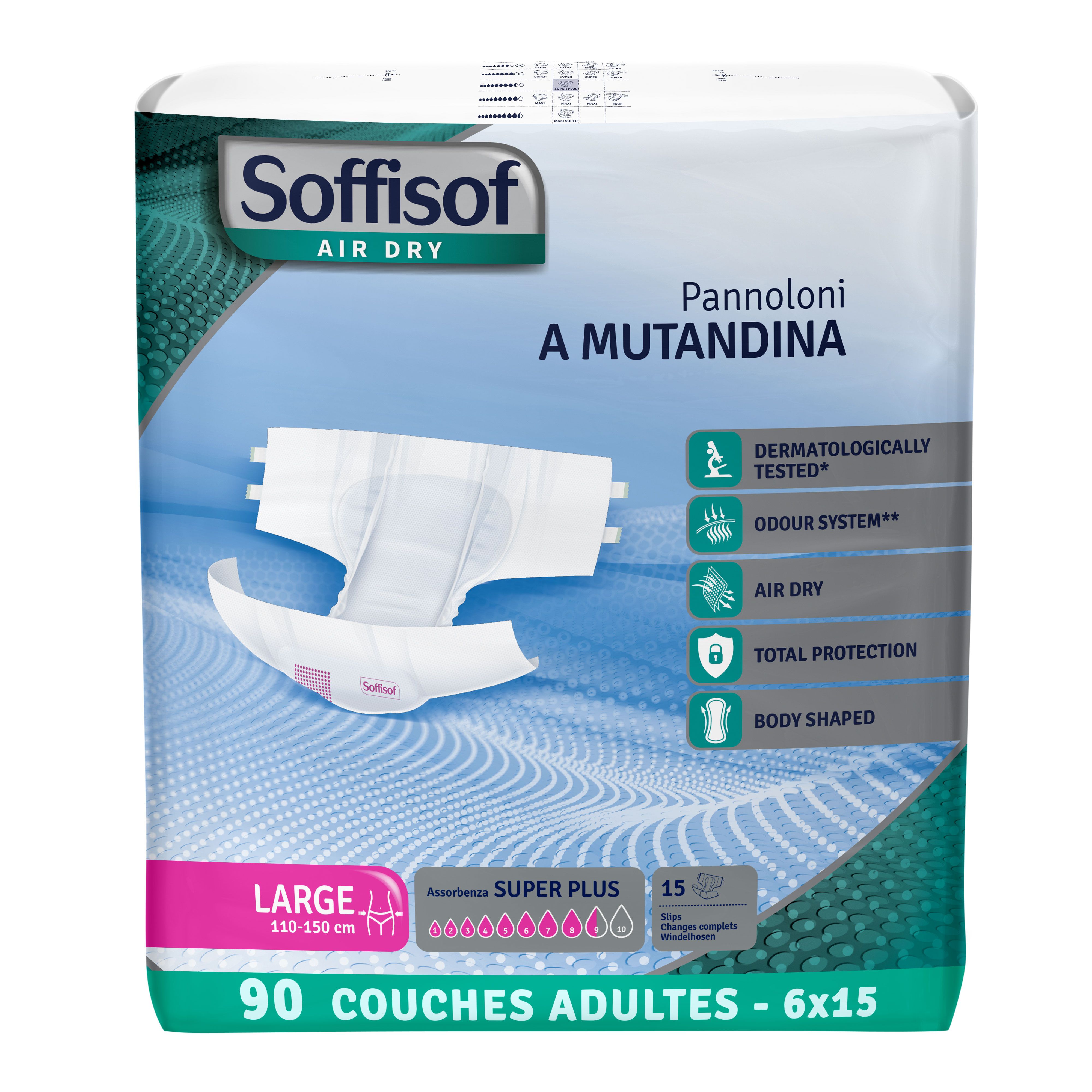 Paquet de couches Soffisof Air Dry Super Plus pour adultes. Taille Large, 90 unités, 6x15. Testé dermatologiquement.