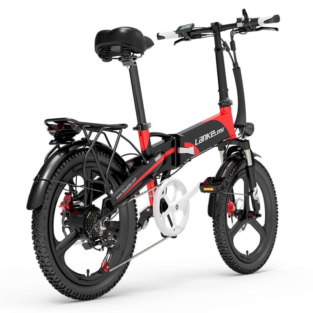 Faltbares E-Bike, rot-schwarz. Marke LANKELEISI, G660. Schwarze Reifen, Gepäckträger, Rücklicht. Ansicht von hinten.