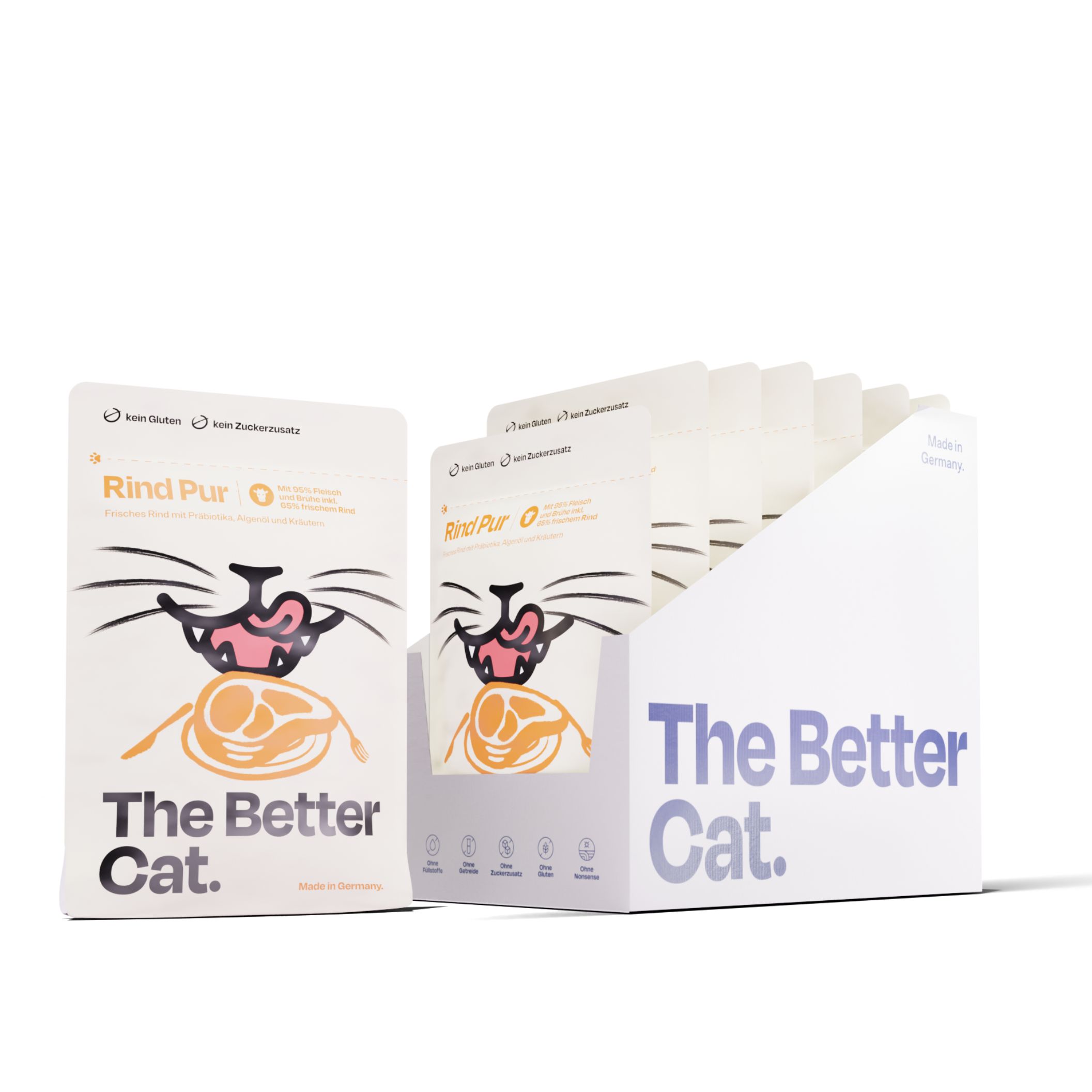 Verpackung von Katzenfutterbeuteln in einem weißen Karton. Aufdruck: The Better Cat, Rind Pur.
