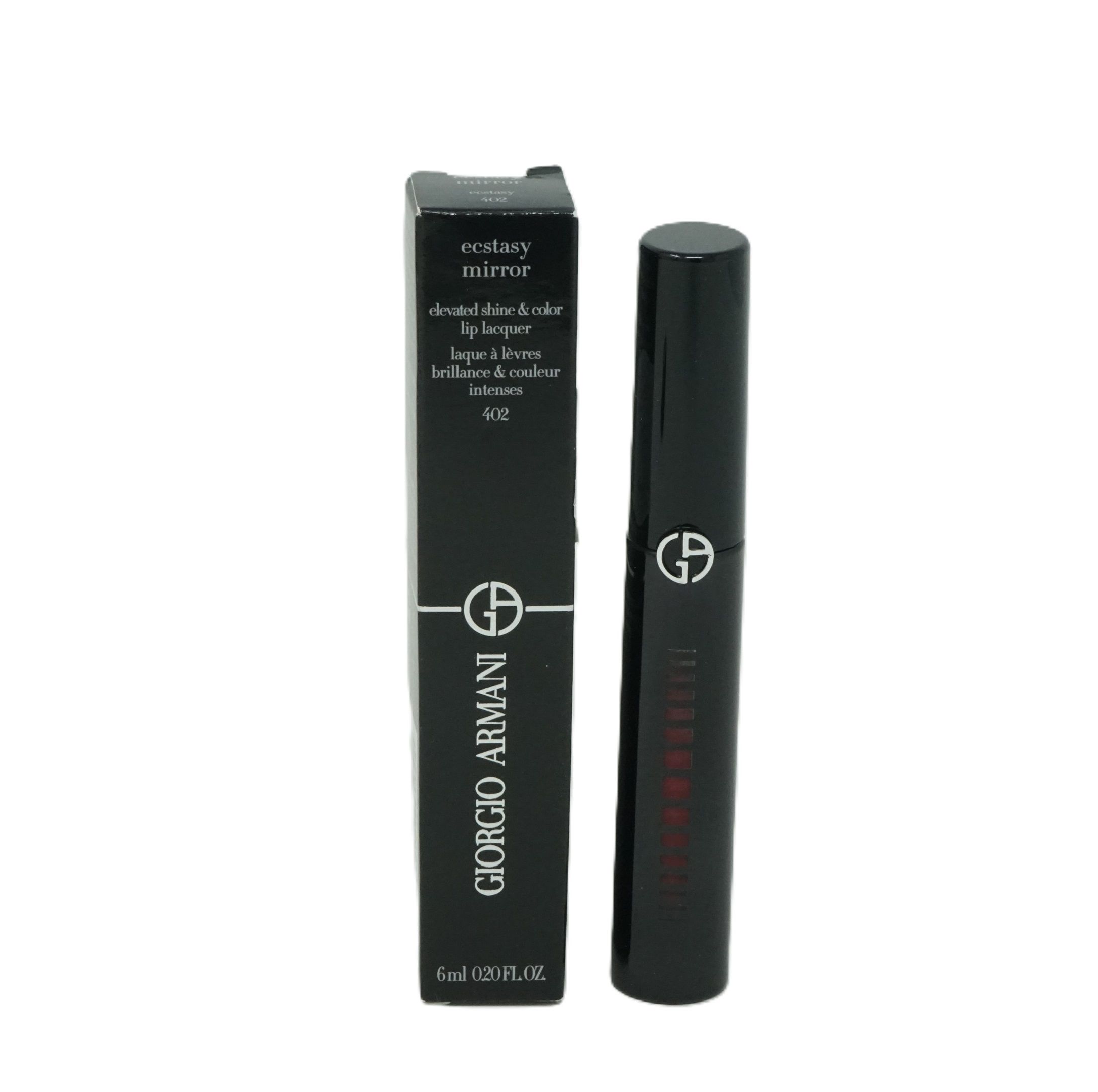 Schwarze Verpackung und Lipgloss von Giorgio Armani. Auf der Verpackung steht "ecstasy mirror". Der Lipgloss ist schwarz mit roter Schrift.