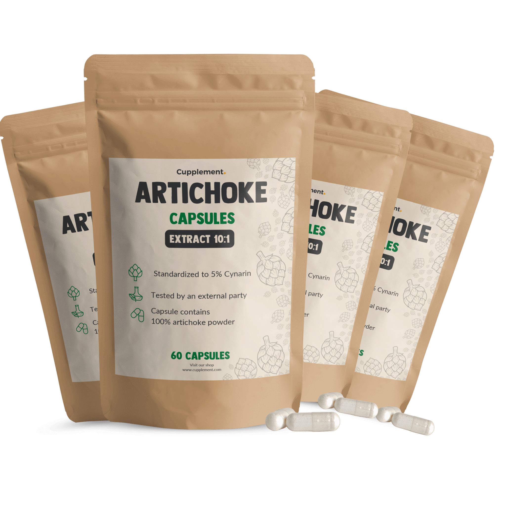 Artischockenextrakt-Kapseln in Beuteln. Aufschrift: Artichoke Capsules, Extract 10:1, 60 Kapseln. Einige Kapseln liegen daneben.