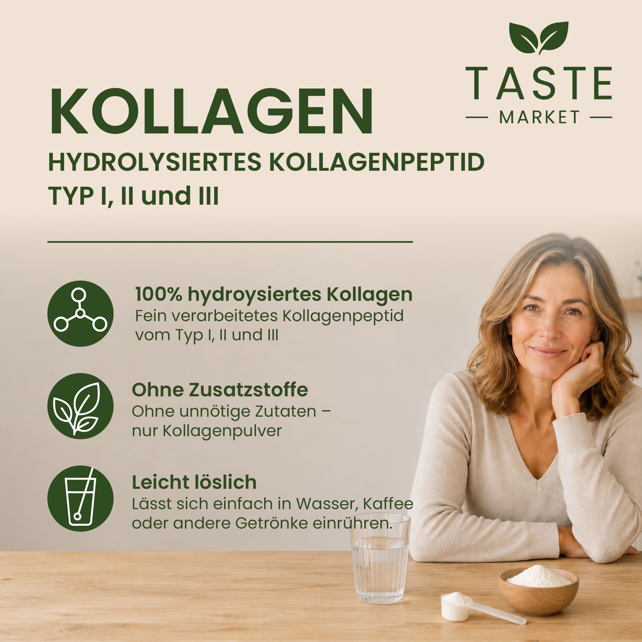 Frau sitzt am Tisch neben einer Schale Kollagenpulver. Text über 100% hydrolysiertes Kollagen.