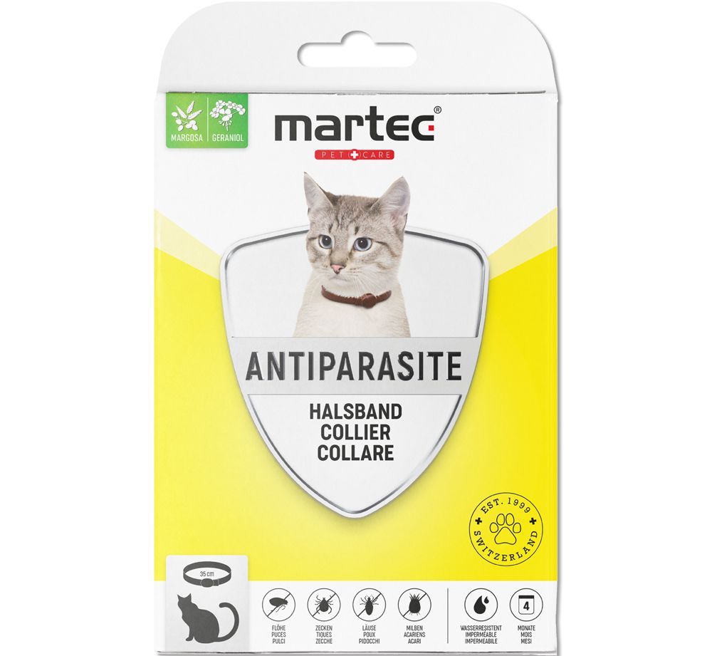 Verpackung des Martec Pet Care Ungezieferhalsbands für Katzen. Enthält ein Bild einer Katze mit Halsband. Text: Antiparasite, Halsband, Collier, Collare.