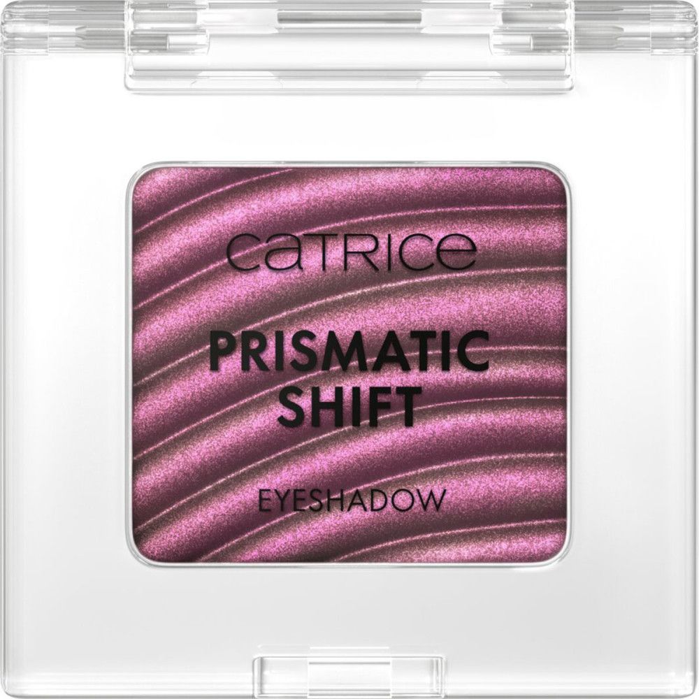 Quadratischer Lidschatten in transparentem Behälter. Aufschrift: Catrice, Prismatic Shift, Eyeshadow. Farbton: Rosa-Violett.