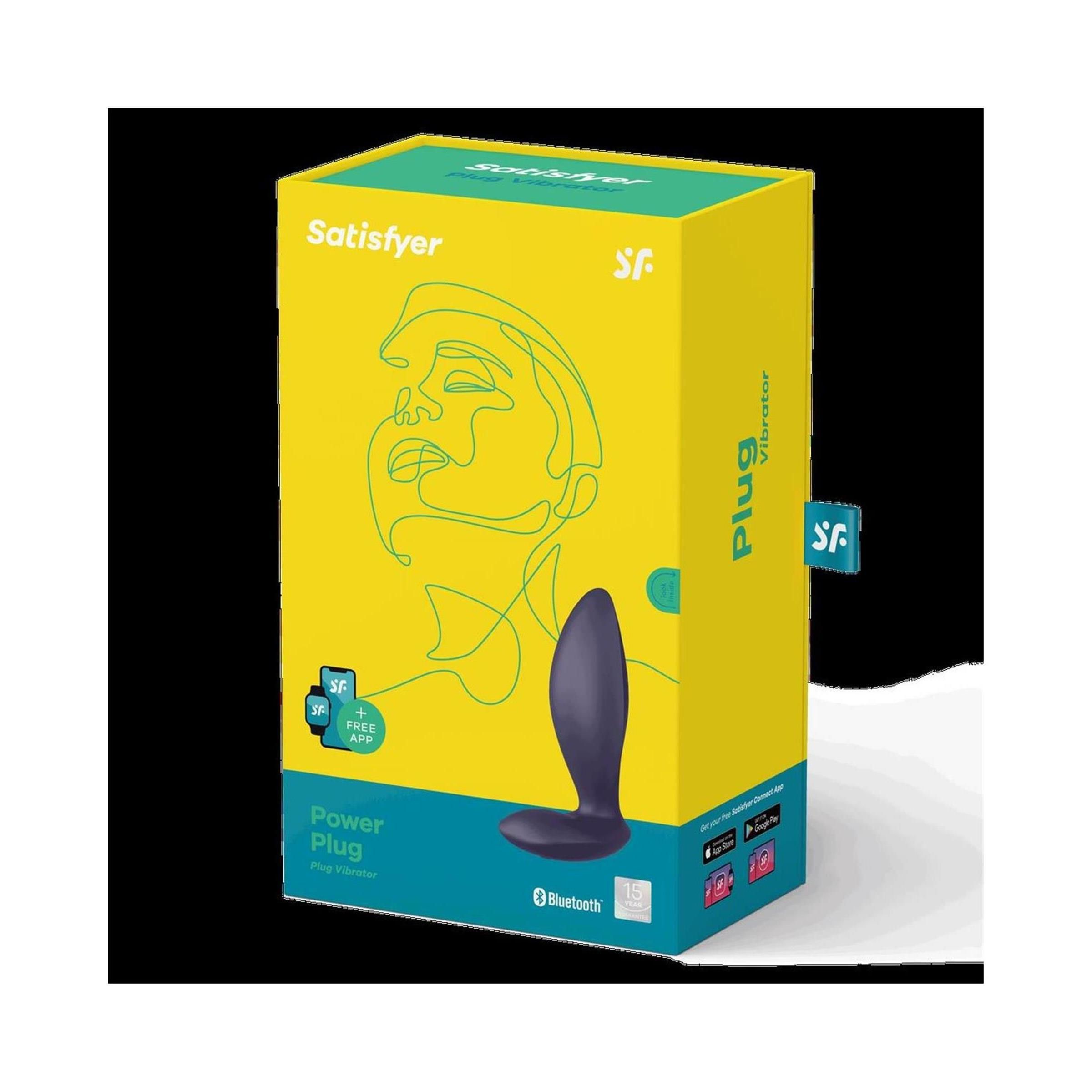 Verpackung von Satisfyer Power Plug. Gelb-türkis Box mit Produktabbildung und Logo. Bluetooth-Logo.