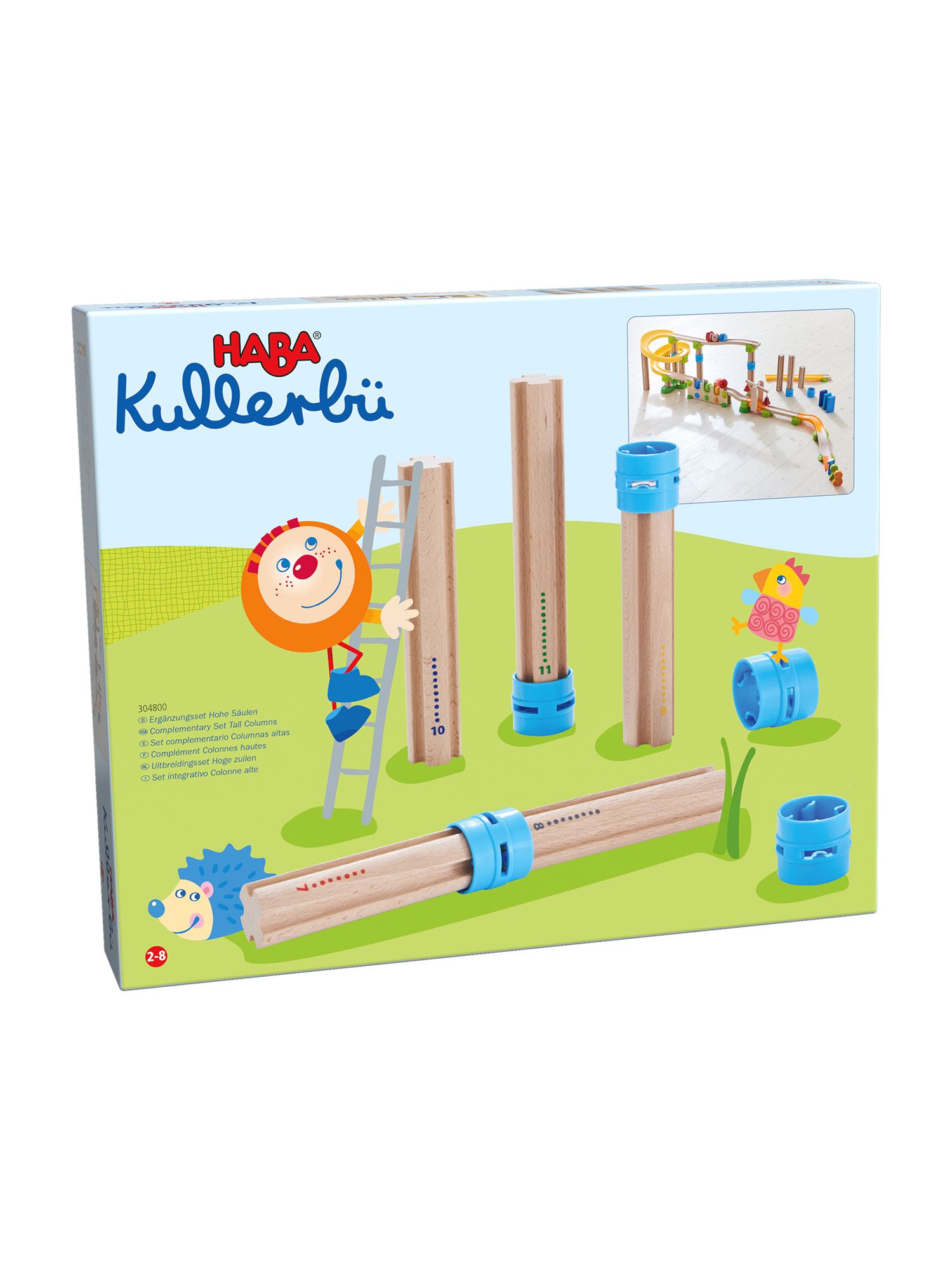 Kartonverpackung mit Holzbauteilen und blauen Verbindungsstücken. Aufdruck: HABA Kullerbü, Illustrationen und Produktname.