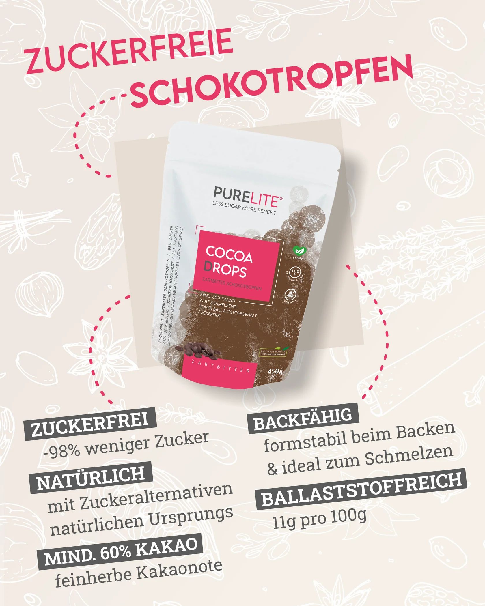 PURELITE Cocoa Drops Zartbitter. Zuckerfrei, natürlich, mind. 60% Kakao. Backfähig, ideal zum Schmelzen. Hoher Ballaststoffgehalt.