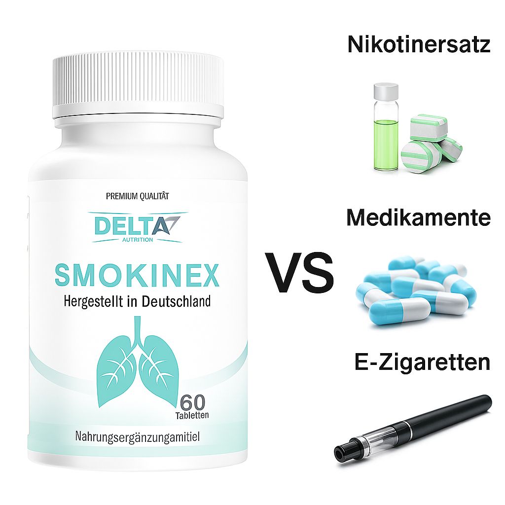 Weiße Flasche SMOKINEX, DELTA7 NUTRITION, 60 Tabletten. Vergleich mit Nikotinersatz, Medikamenten und E-Zigaretten.
