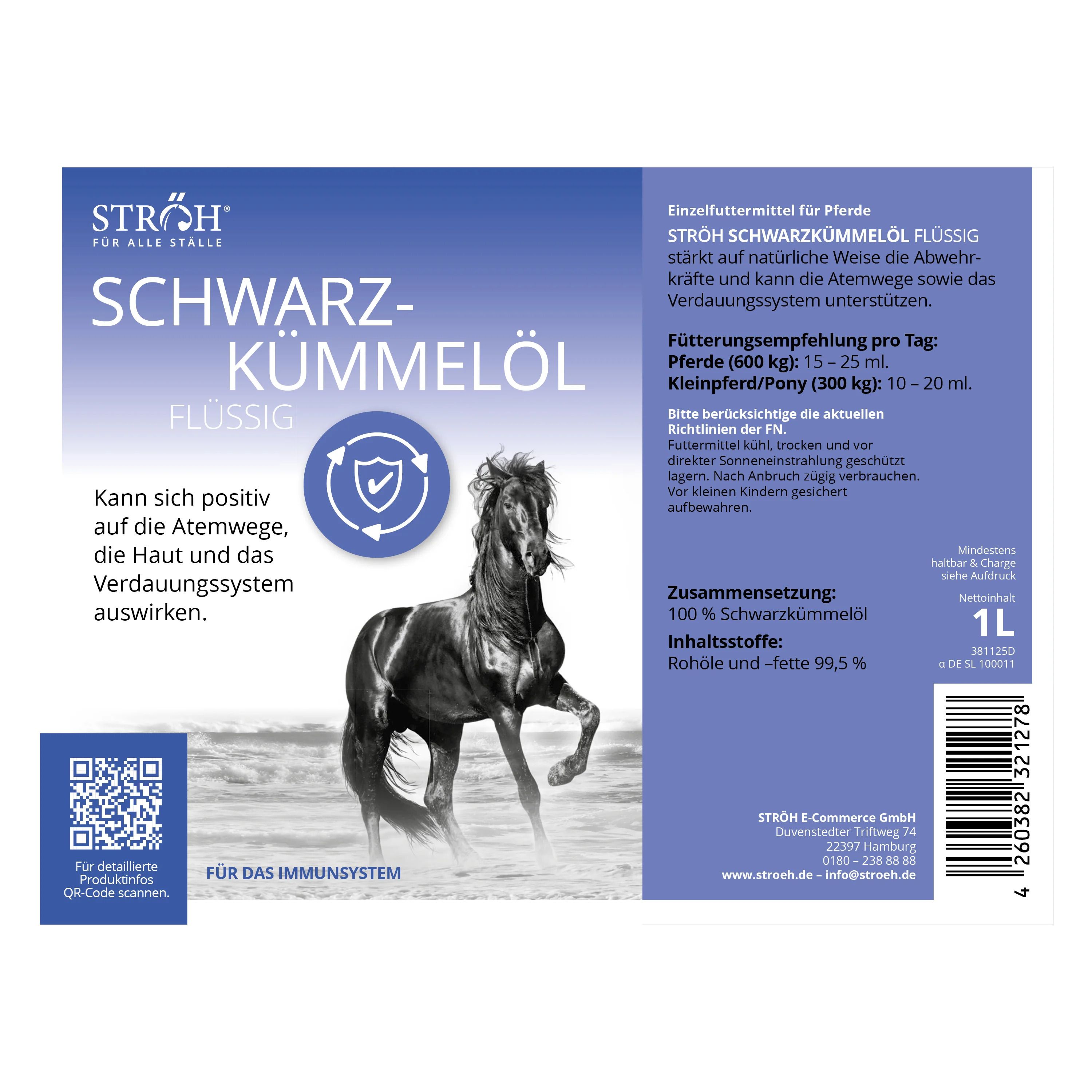 Etikett mit Text und Logo. Aufschrift: STRÖH Schwarzkümmelöl flüssig. Abbildung eines Pferdes. 1L-Angabe.